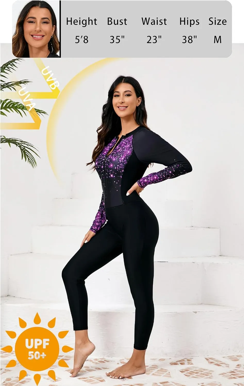 Womens Full Body Zip Front Rash Guard Long Sleeve One Piece Bathing Suit with Built in Bra UPF50  Surf Swimsuit