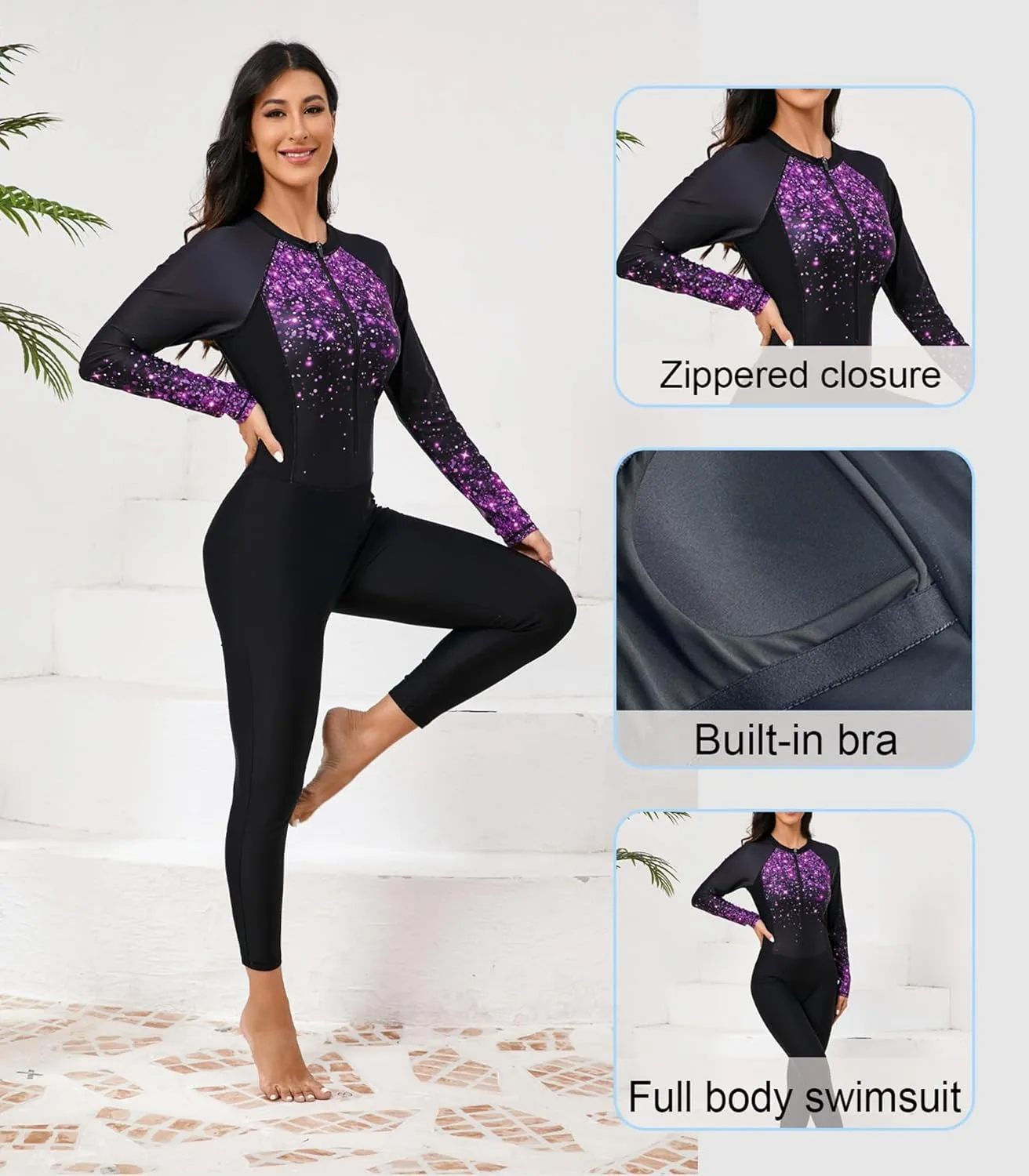 Womens Full Body Zip Front Rash Guard Long Sleeve One Piece Bathing Suit with Built in Bra UPF50  Surf Swimsuit