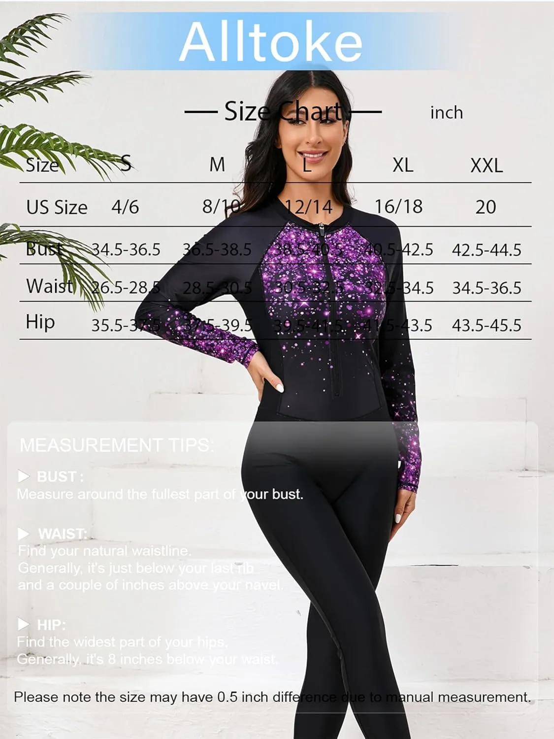 Womens Full Body Zip Front Rash Guard Long Sleeve One Piece Bathing Suit with Built in Bra UPF50  Surf Swimsuit