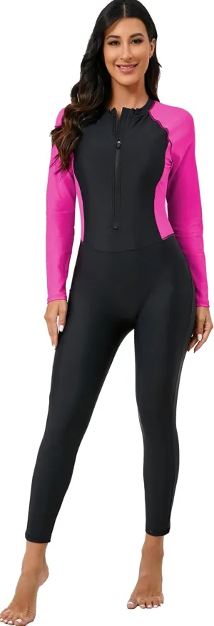Womens Full Body Zip Front Rash Guard Long Sleeve One Piece Bathing Suit with Built in Bra UPF50  Surf Swimsuit