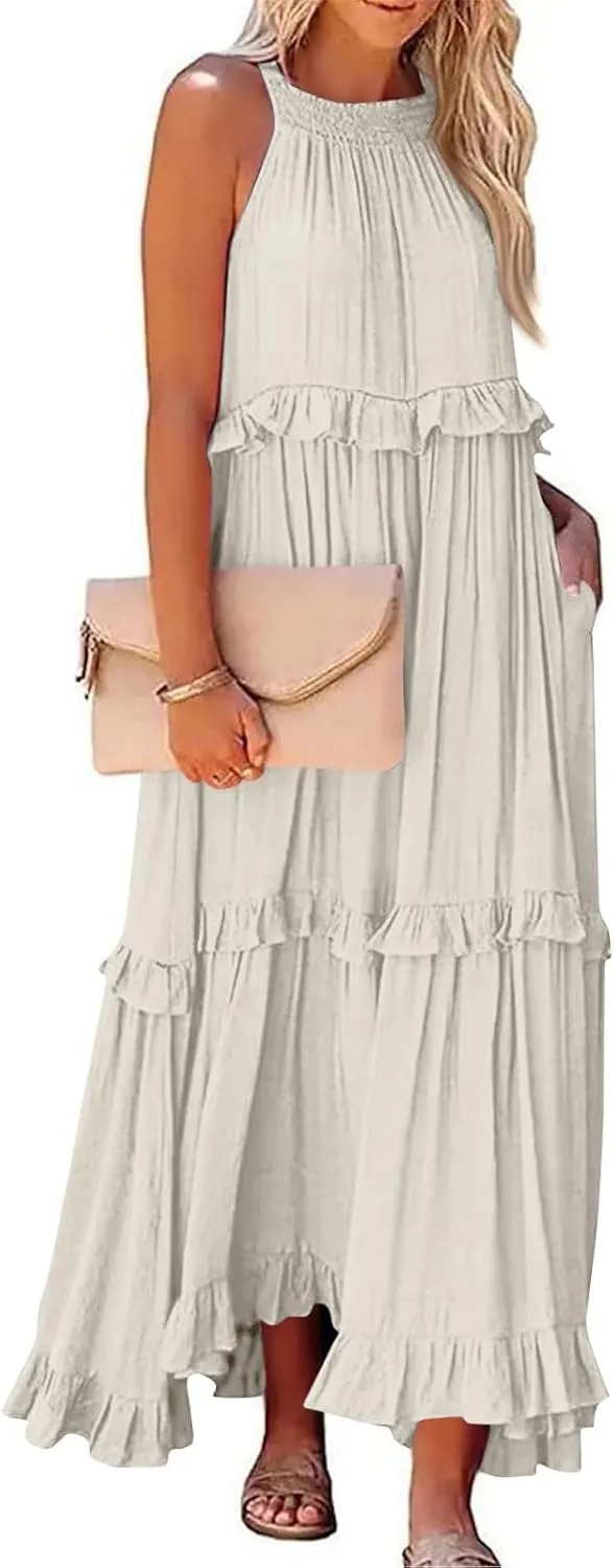 Womens Halter Maxi Dress Sleeveless Sexy Tiered Flowy Summer Loose Smocked Ruffle Swing Beach Dress with Pockets