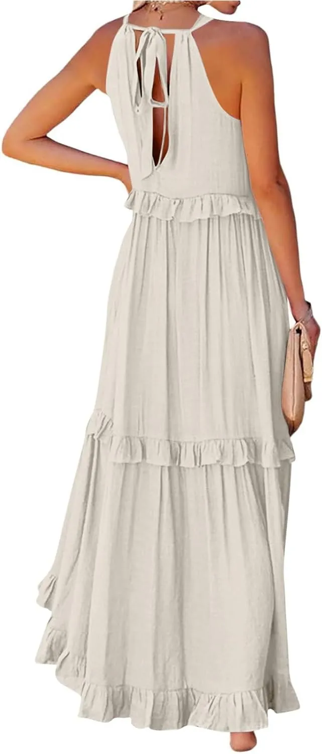 Womens Halter Maxi Dress Sleeveless Sexy Tiered Flowy Summer Loose Smocked Ruffle Swing Beach Dress with Pockets