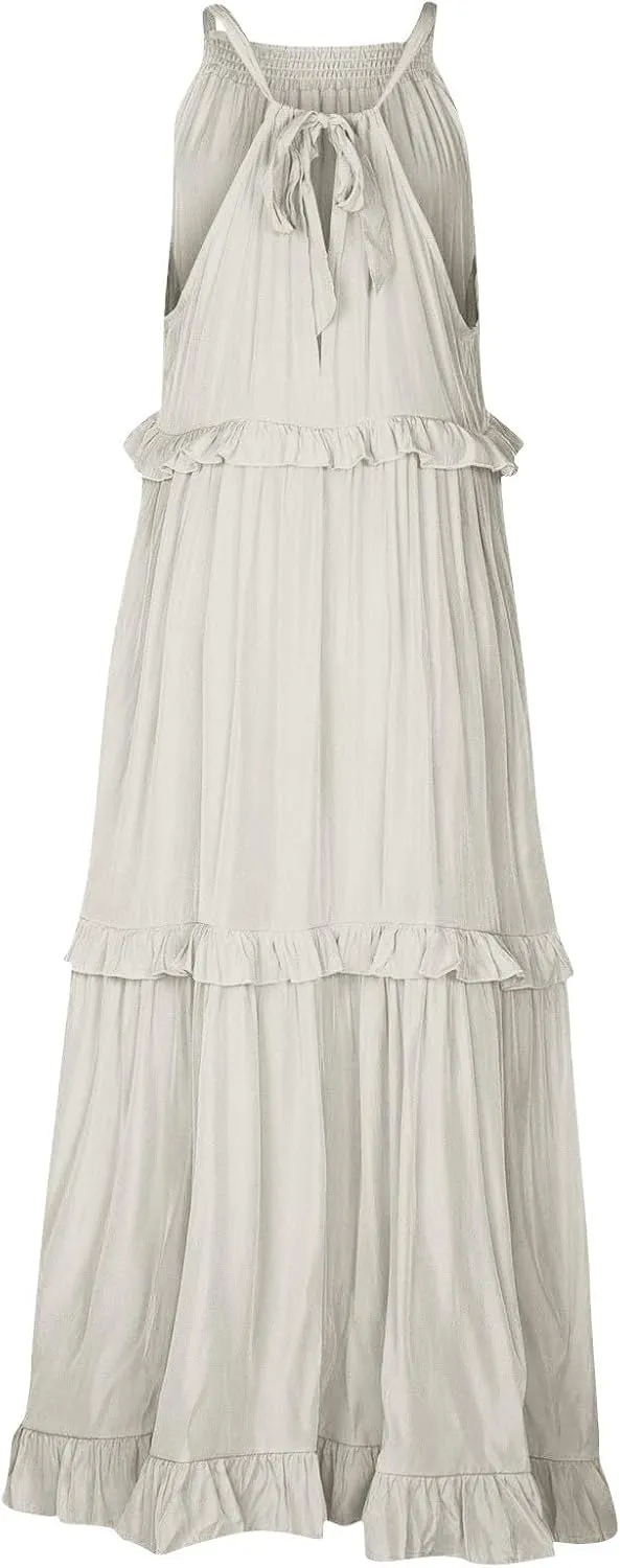 Womens Halter Maxi Dress Sleeveless Sexy Tiered Flowy Summer Loose Smocked Ruffle Swing Beach Dress with Pockets
