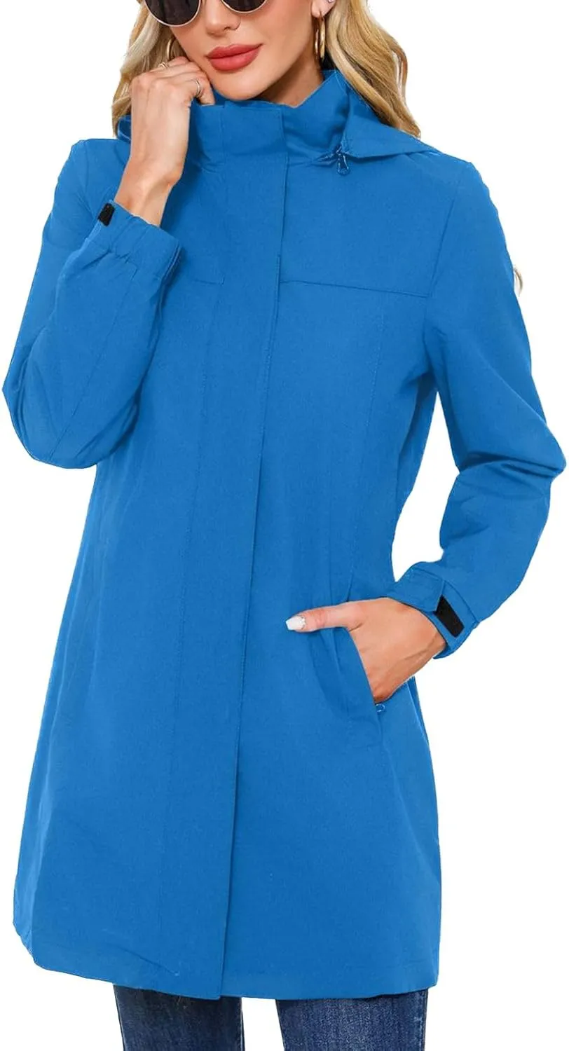 Women's Hooded Raincoat Lightweight Slim Fit Trench Coat Waterproof Casual Full Zip Long Rain Jacket Outerwear