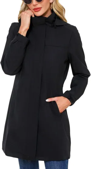 Women's Hooded Raincoat Lightweight Slim Fit Trench Coat Waterproof Casual Full Zip Long Rain Jacket Outerwear