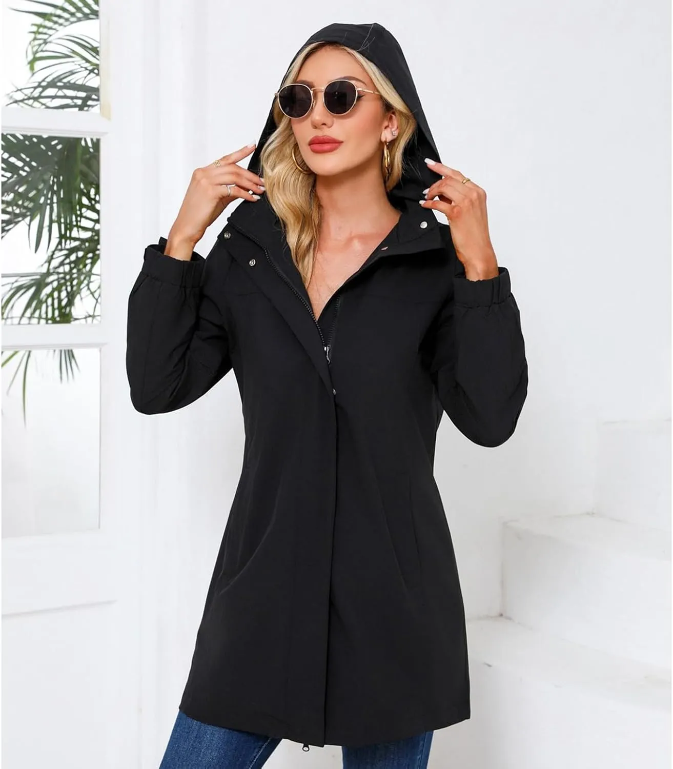 Women's Hooded Raincoat Lightweight Slim Fit Trench Coat Waterproof Casual Full Zip Long Rain Jacket Outerwear