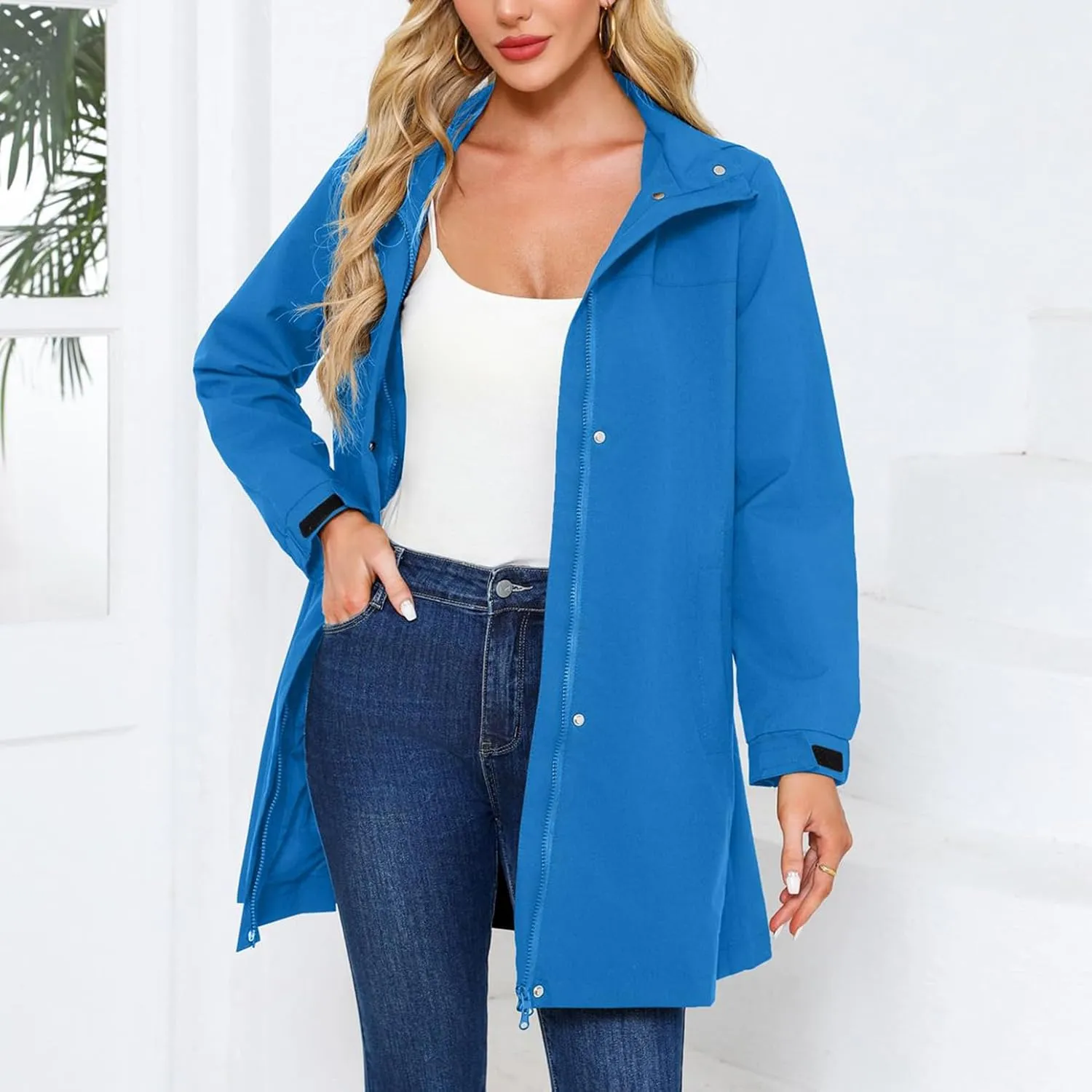Women's Hooded Raincoat Lightweight Slim Fit Trench Coat Waterproof Casual Full Zip Long Rain Jacket Outerwear