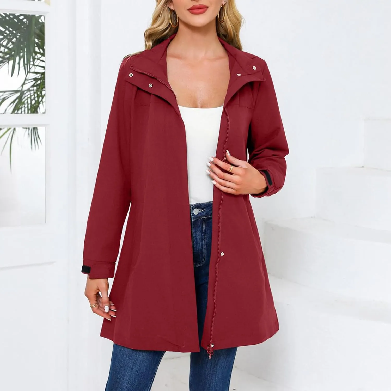 Women's Hooded Raincoat Lightweight Slim Fit Trench Coat Waterproof Casual Full Zip Long Rain Jacket Outerwear