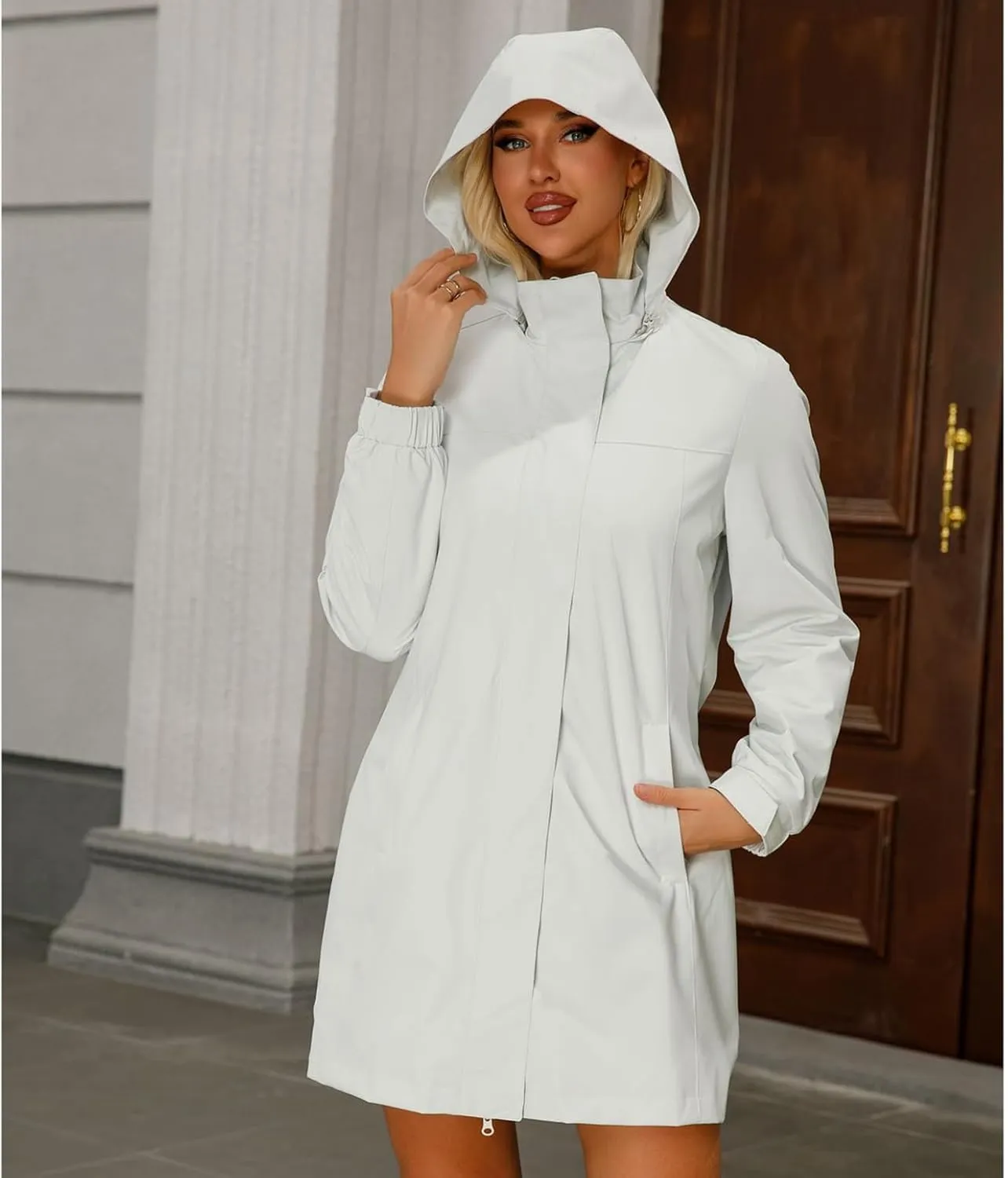 Women's Hooded Raincoat Lightweight Slim Fit Trench Coat Waterproof Casual Full Zip Long Rain Jacket Outerwear