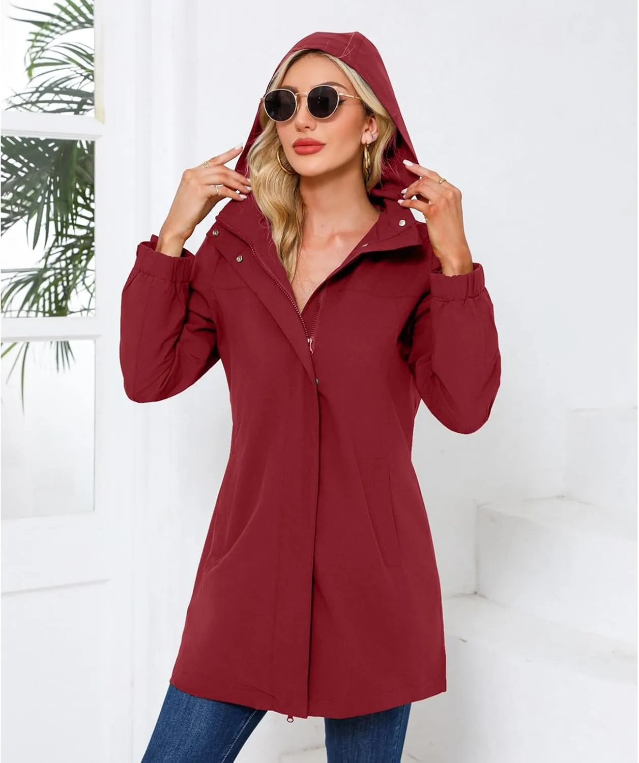 Women's Hooded Raincoat Lightweight Slim Fit Trench Coat Waterproof Casual Full Zip Long Rain Jacket Outerwear