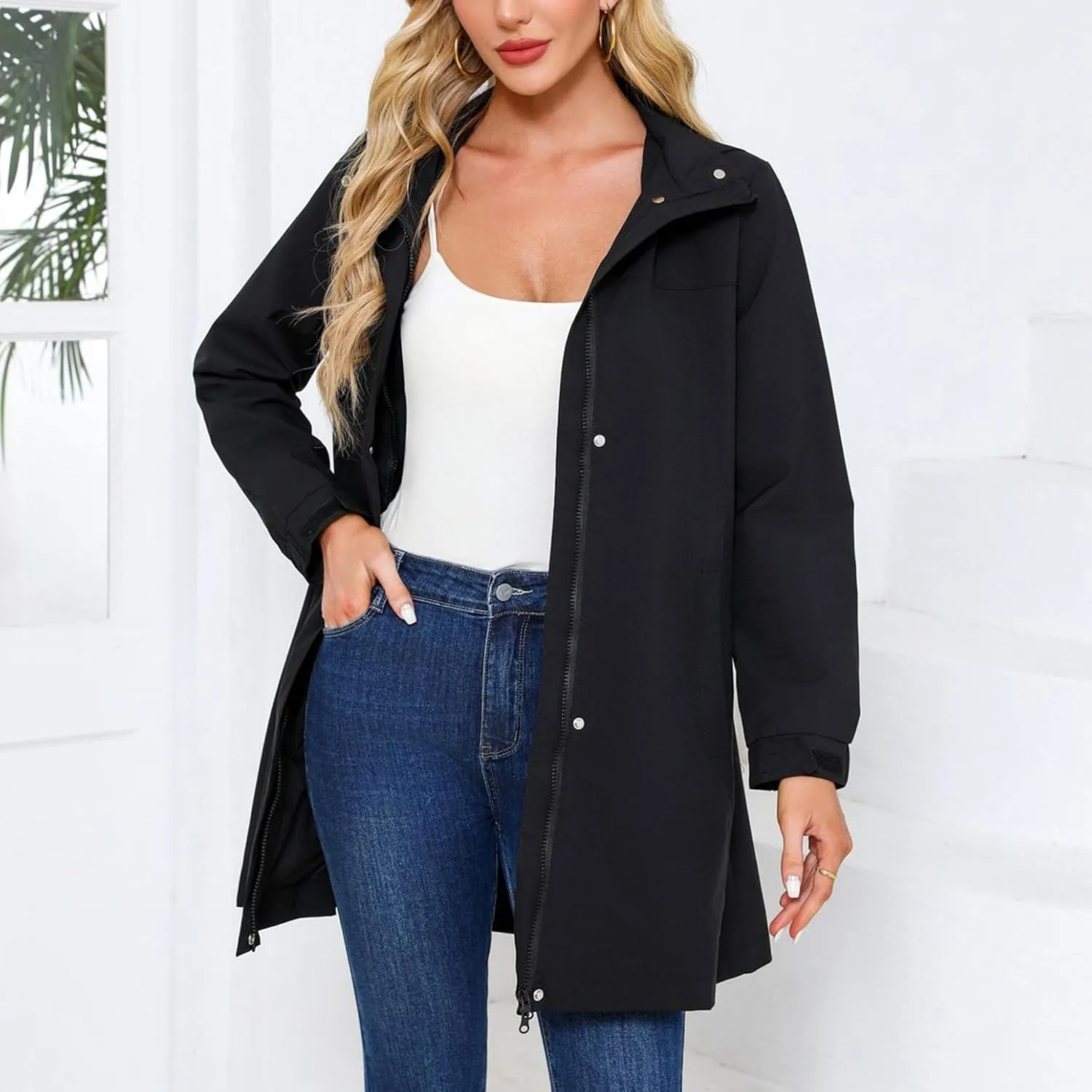 Women's Hooded Raincoat Lightweight Slim Fit Trench Coat Waterproof Casual Full Zip Long Rain Jacket Outerwear
