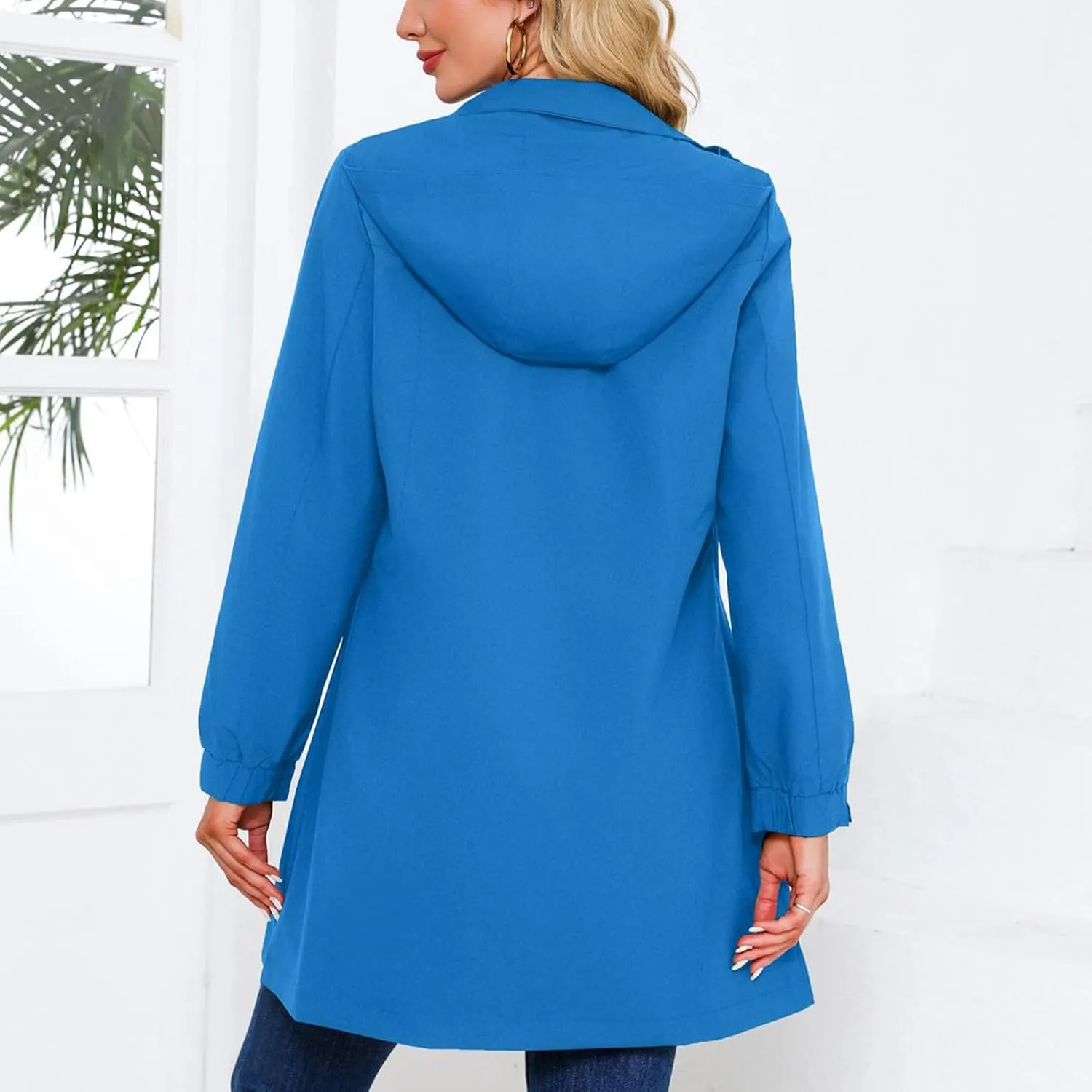 Women's Hooded Raincoat Lightweight Slim Fit Trench Coat Waterproof Casual Full Zip Long Rain Jacket Outerwear