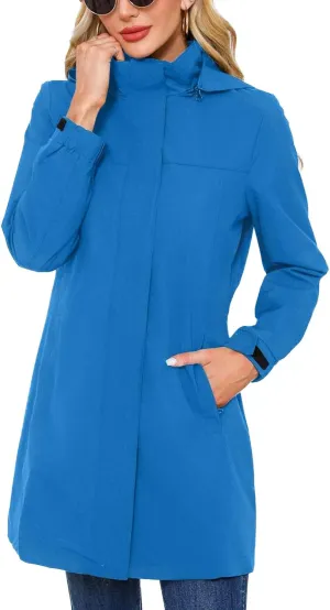 Women's Hooded Raincoat Lightweight Slim Fit Trench Coat Waterproof Casual Full Zip Long Rain Jacket Outerwear