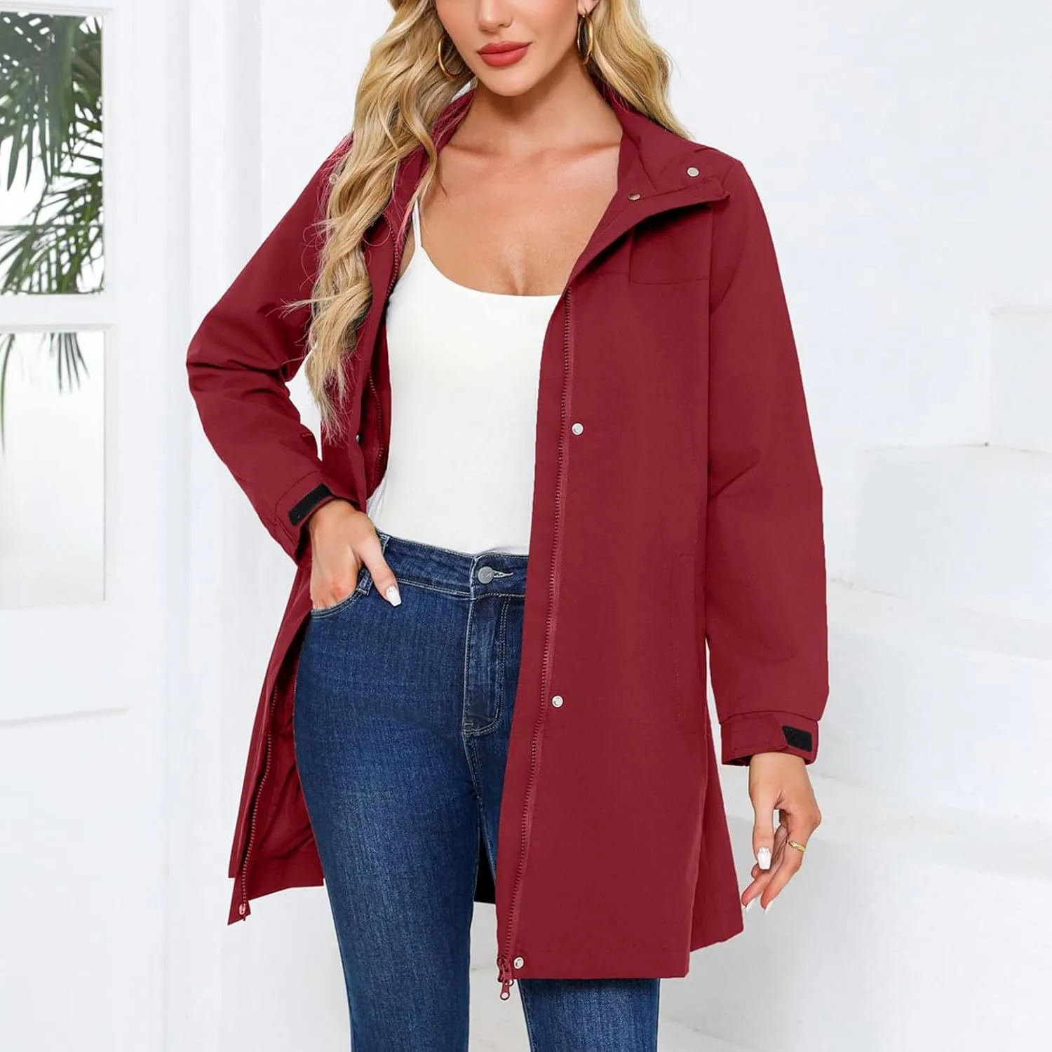 Women's Hooded Raincoat Lightweight Slim Fit Trench Coat Waterproof Casual Full Zip Long Rain Jacket Outerwear
