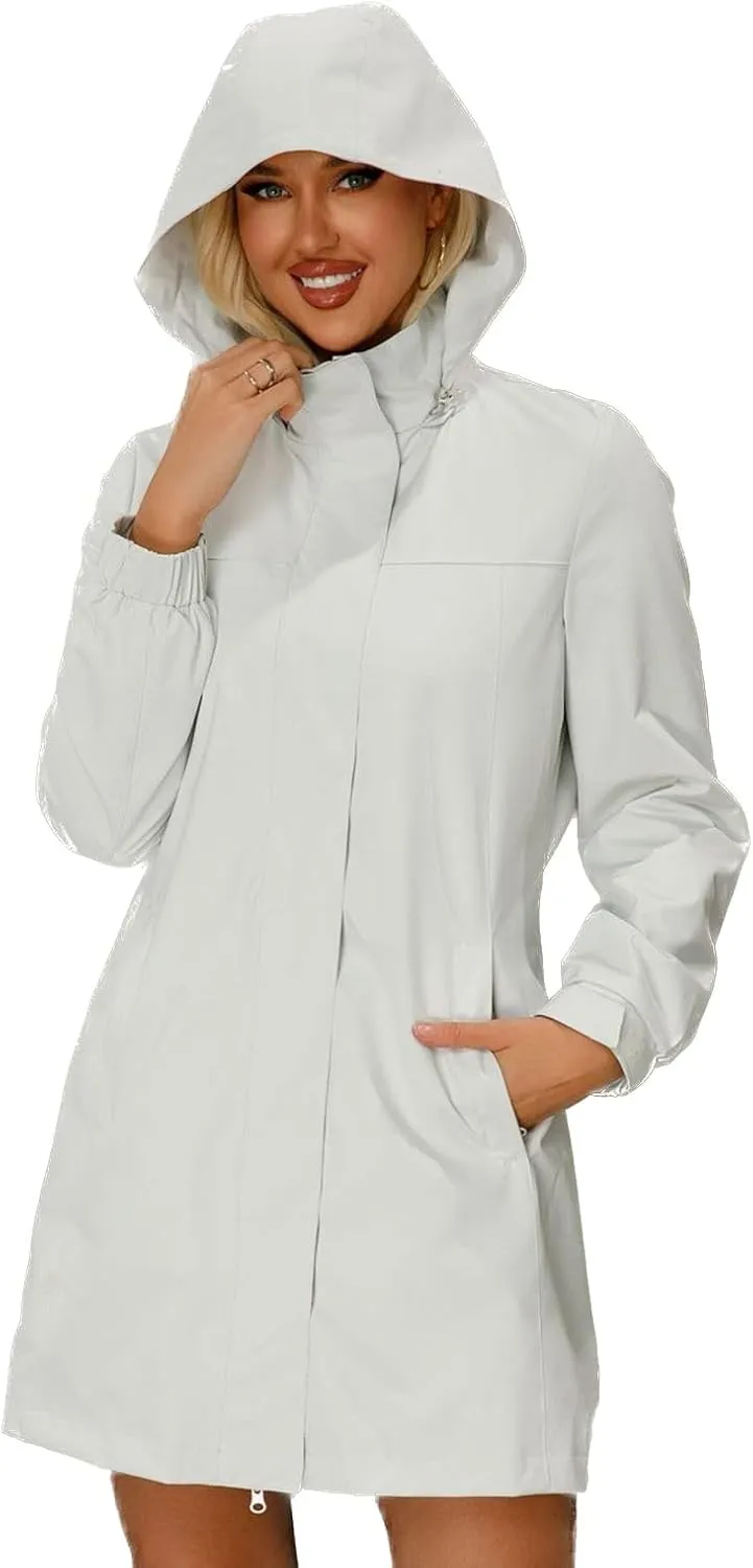 Women's Hooded Raincoat Lightweight Slim Fit Trench Coat Waterproof Casual Full Zip Long Rain Jacket Outerwear
