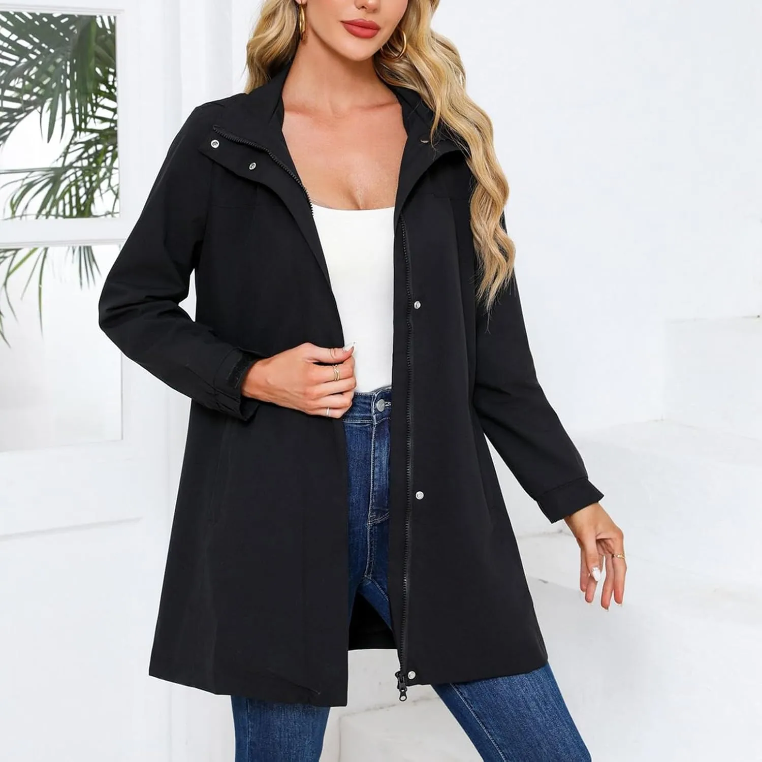 Women's Hooded Raincoat Lightweight Slim Fit Trench Coat Waterproof Casual Full Zip Long Rain Jacket Outerwear