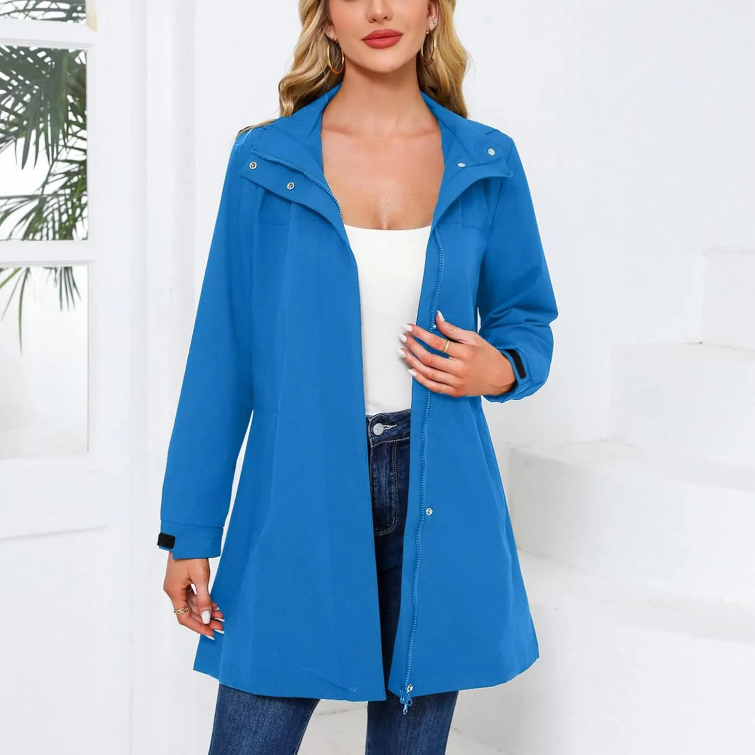 Women's Hooded Raincoat Lightweight Slim Fit Trench Coat Waterproof Casual Full Zip Long Rain Jacket Outerwear