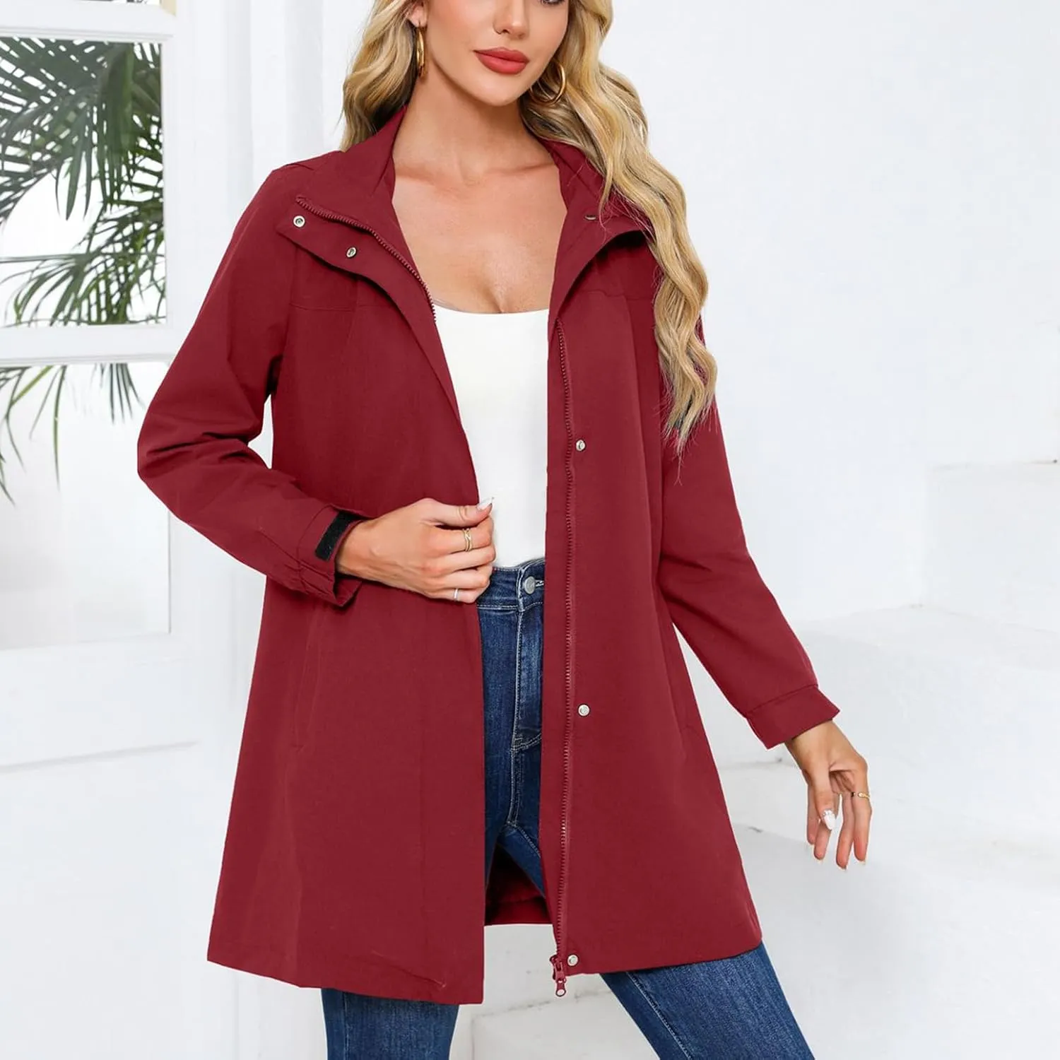 Women's Hooded Raincoat Lightweight Slim Fit Trench Coat Waterproof Casual Full Zip Long Rain Jacket Outerwear