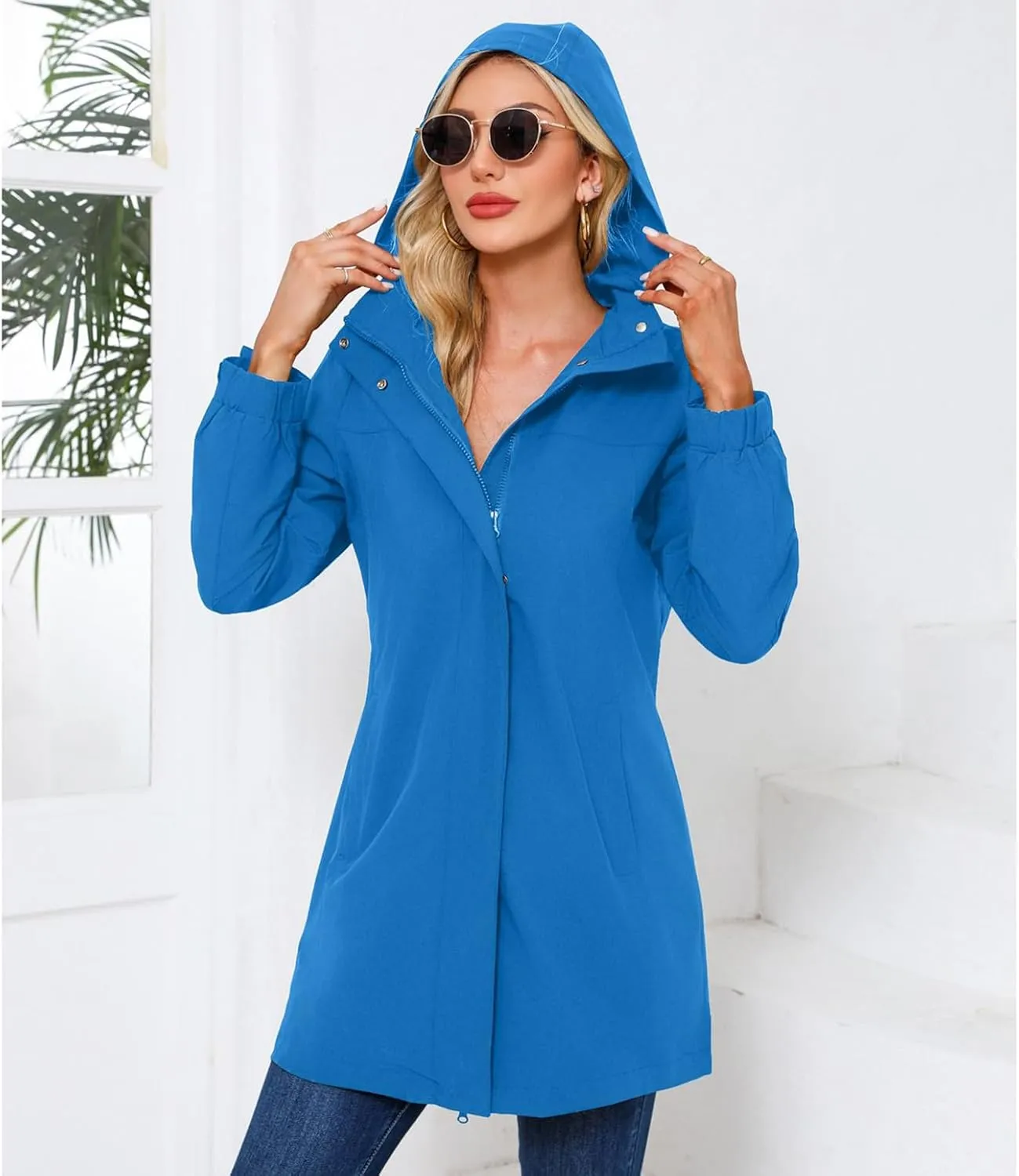 Women's Hooded Raincoat Lightweight Slim Fit Trench Coat Waterproof Casual Full Zip Long Rain Jacket Outerwear
