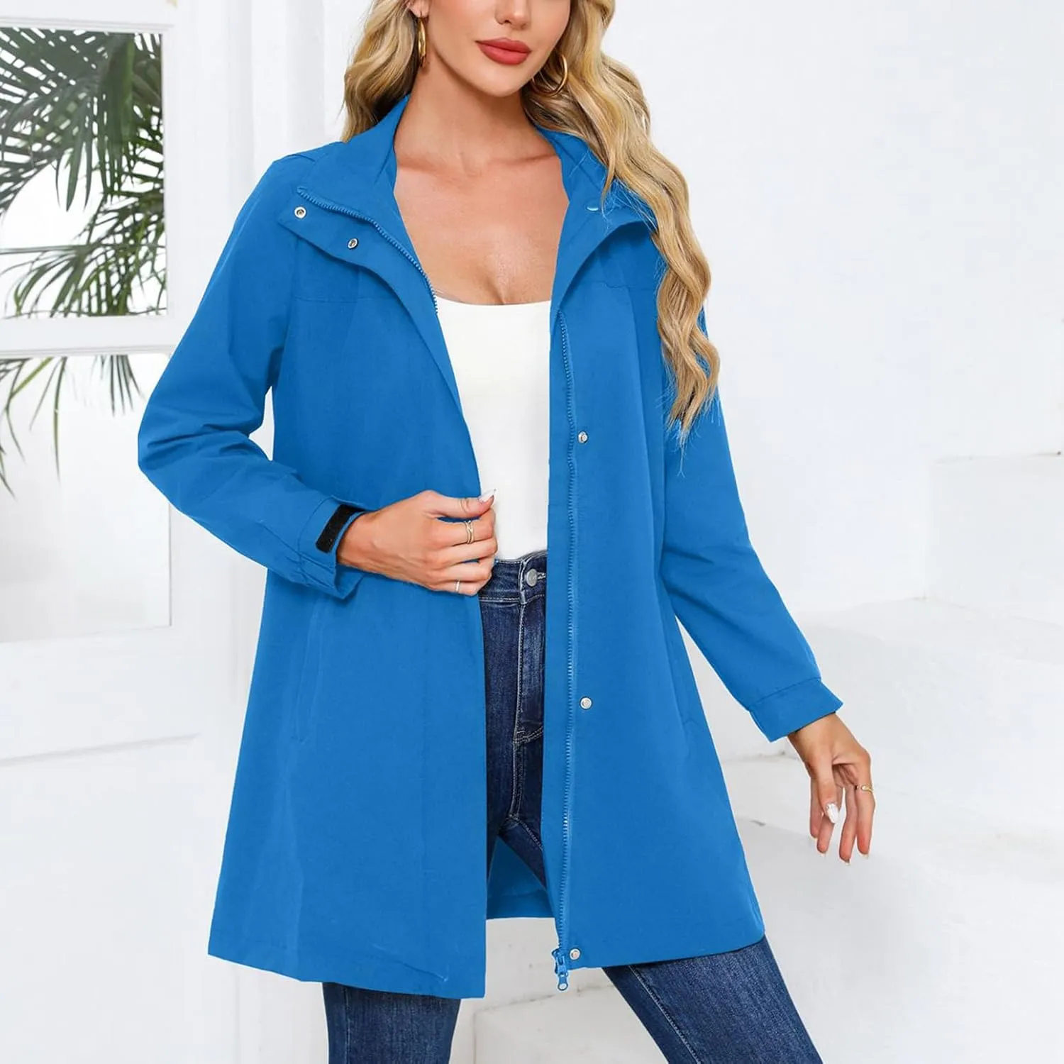 Women's Hooded Raincoat Lightweight Slim Fit Trench Coat Waterproof Casual Full Zip Long Rain Jacket Outerwear