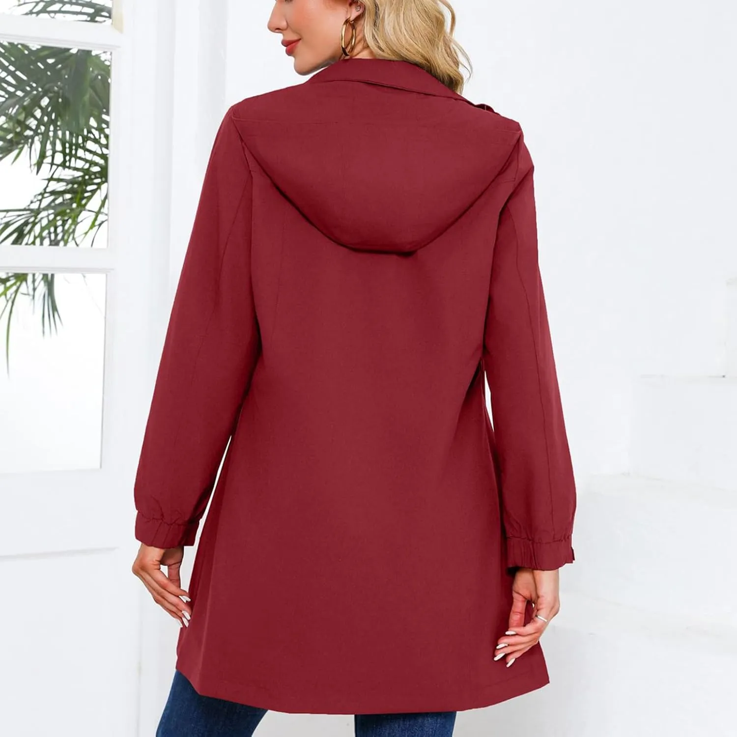 Women's Hooded Raincoat Lightweight Slim Fit Trench Coat Waterproof Casual Full Zip Long Rain Jacket Outerwear