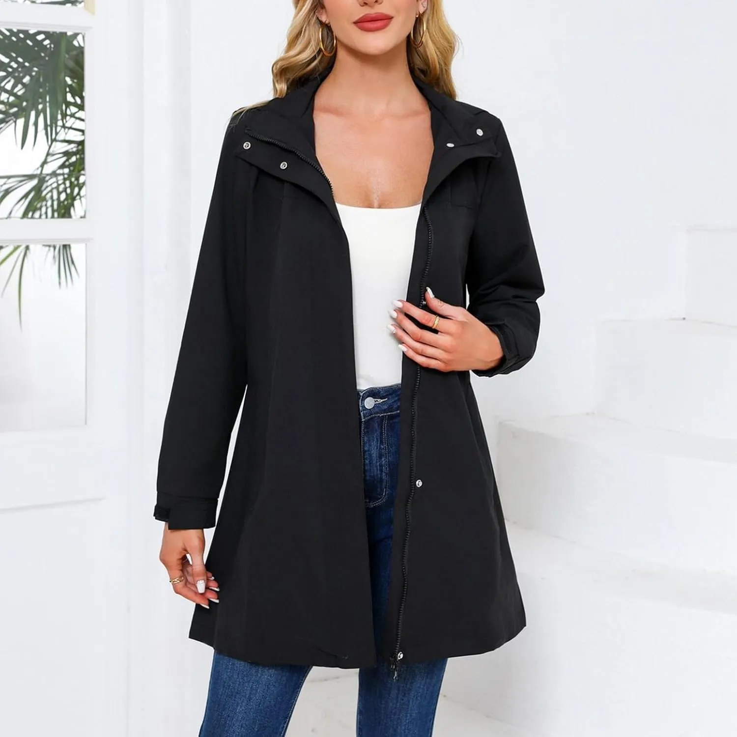 Women's Hooded Raincoat Lightweight Slim Fit Trench Coat Waterproof Casual Full Zip Long Rain Jacket Outerwear