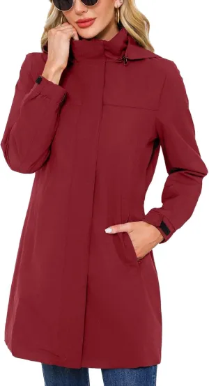 Women's Hooded Raincoat Lightweight Slim Fit Trench Coat Waterproof Casual Full Zip Long Rain Jacket Outerwear