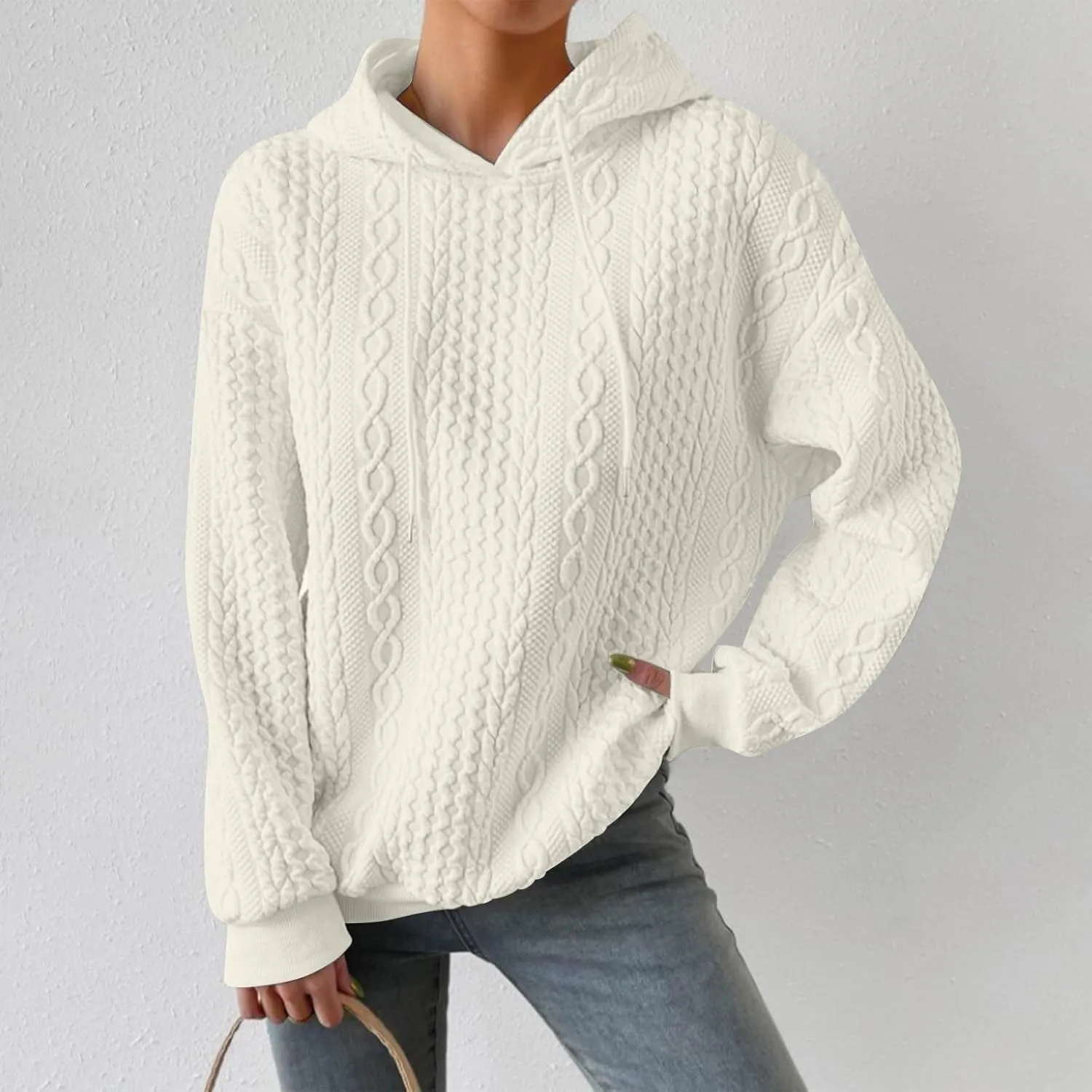 Womens Hoodies Fall Winter Waffle Knit Drop Shoulder Casual Sweatshirts with Pocket Pullover