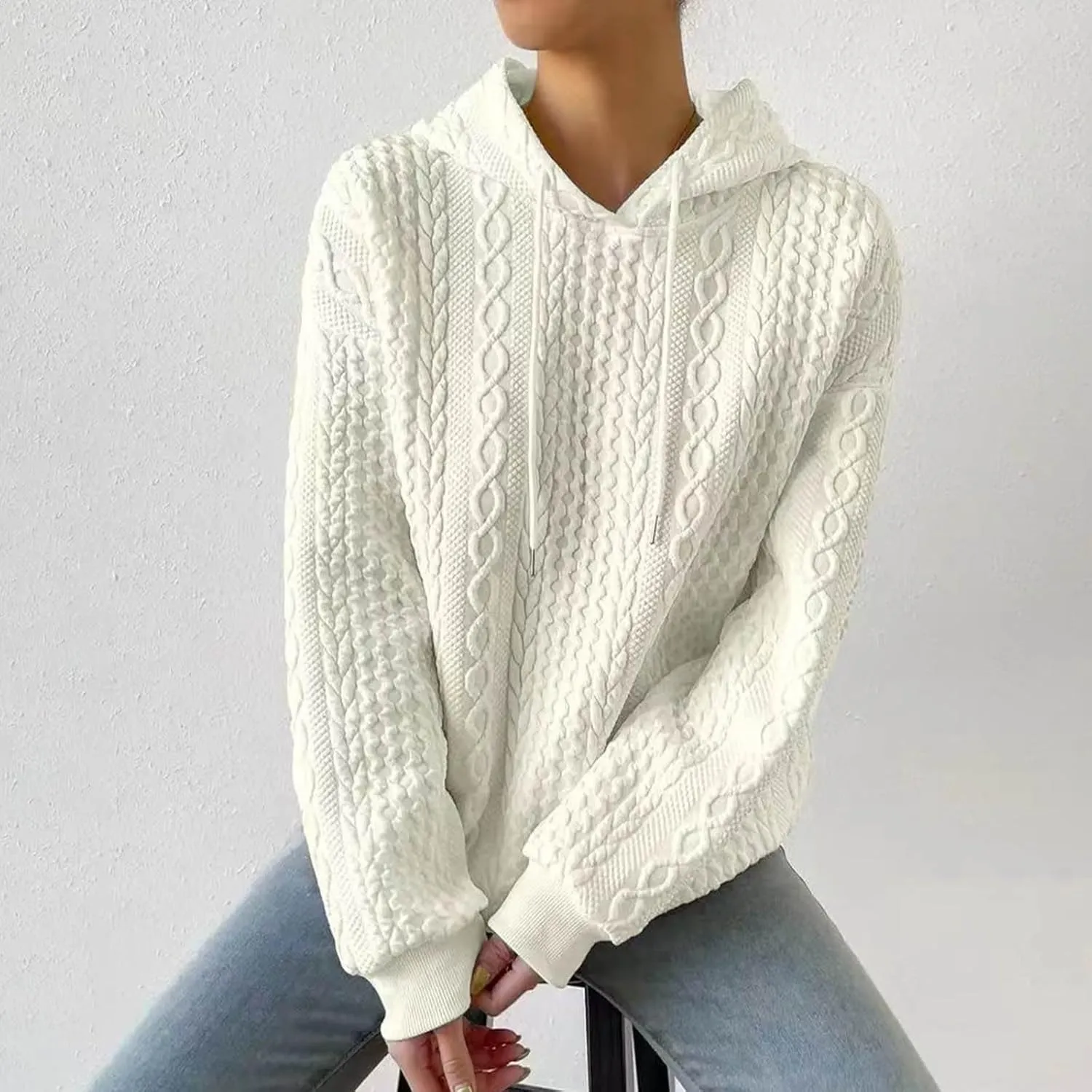 Womens Hoodies Fall Winter Waffle Knit Drop Shoulder Casual Sweatshirts with Pocket Pullover