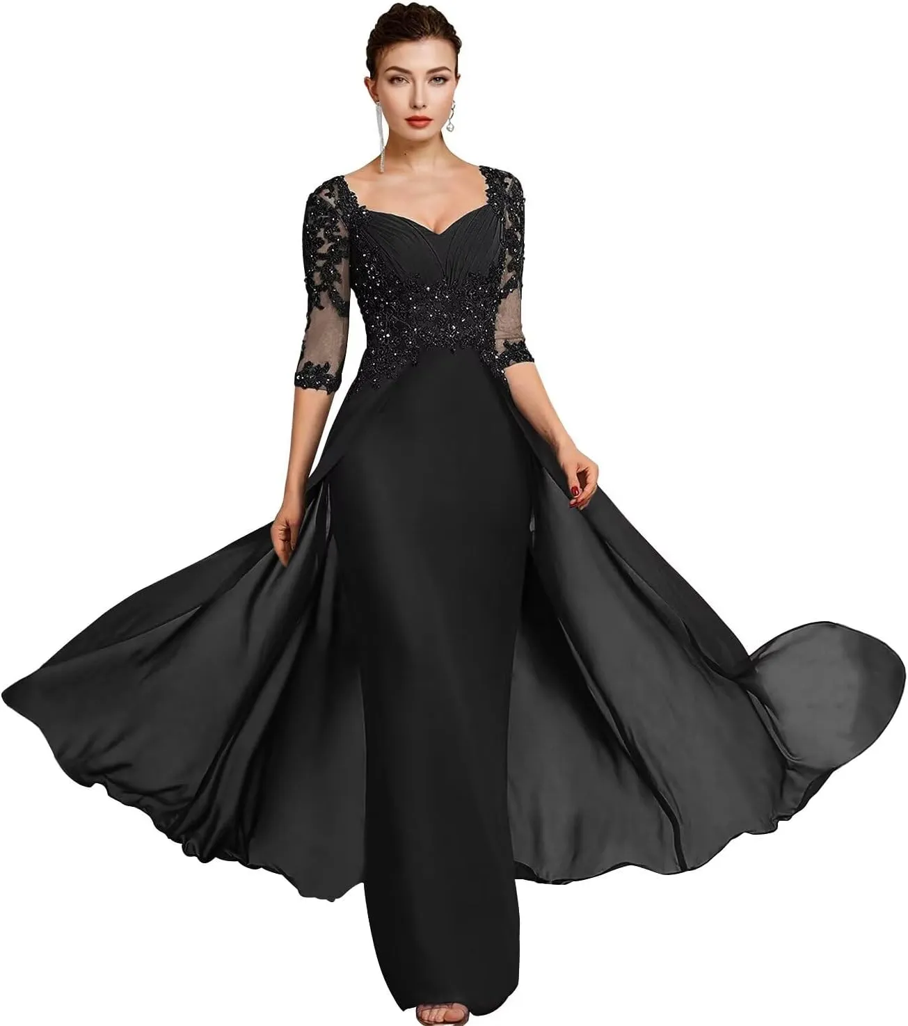 Women's Lace Appliques Mother of The Bride Dresses with 3/4 Sleeve Formal Evening Gowns