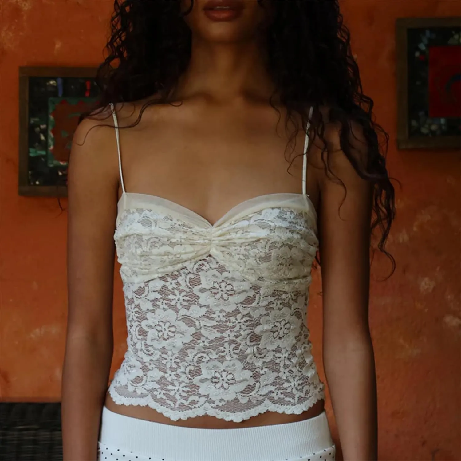 Women's Lace Cami Tops Sleeveless Spaghetti Strap Tank Top Floral Mesh Slim Fit T-Shirts Camisole Summer Vest