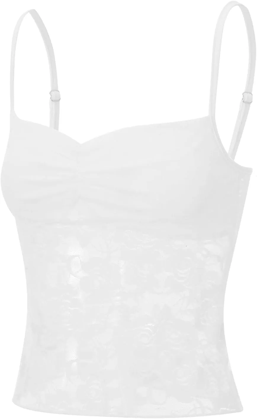Women's Lace Cami Tops Sleeveless Spaghetti Strap Tank Top Floral Mesh Slim Fit T-Shirts Camisole Summer Vest