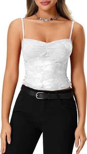 Women's Lace Cami Tops Sleeveless Spaghetti Strap Tank Top Floral Mesh Slim Fit T-Shirts Camisole Summer Vest