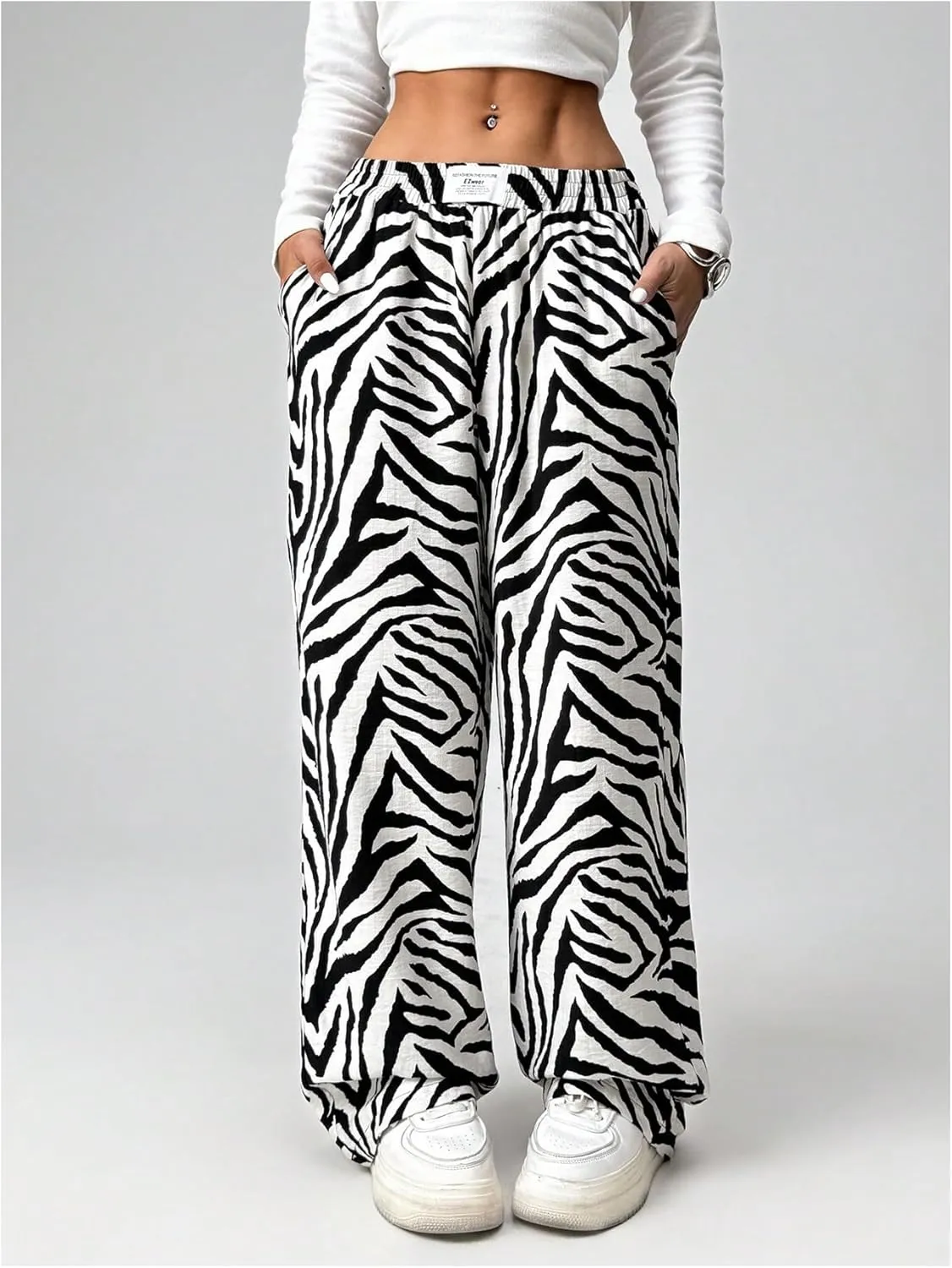 Women's Letter Leopard Print Straight Leg Pants Elastic Waist Y2K Trousers Bottoms with Pockets