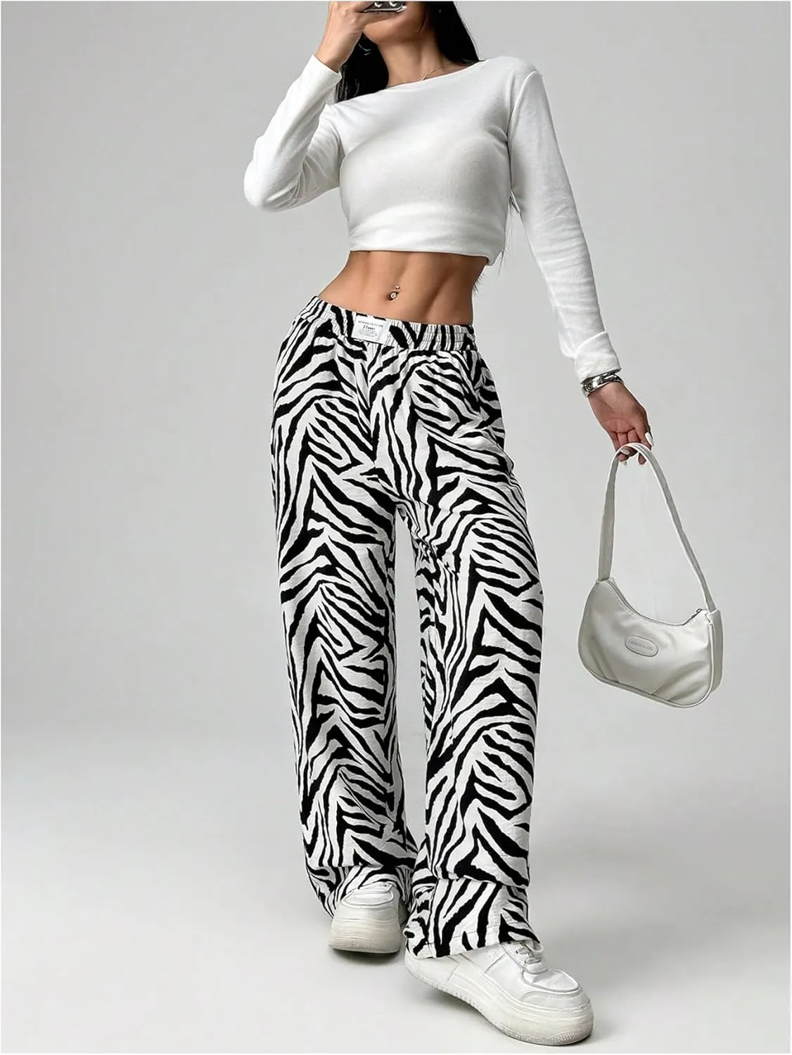 Women's Letter Leopard Print Straight Leg Pants Elastic Waist Y2K Trousers Bottoms with Pockets