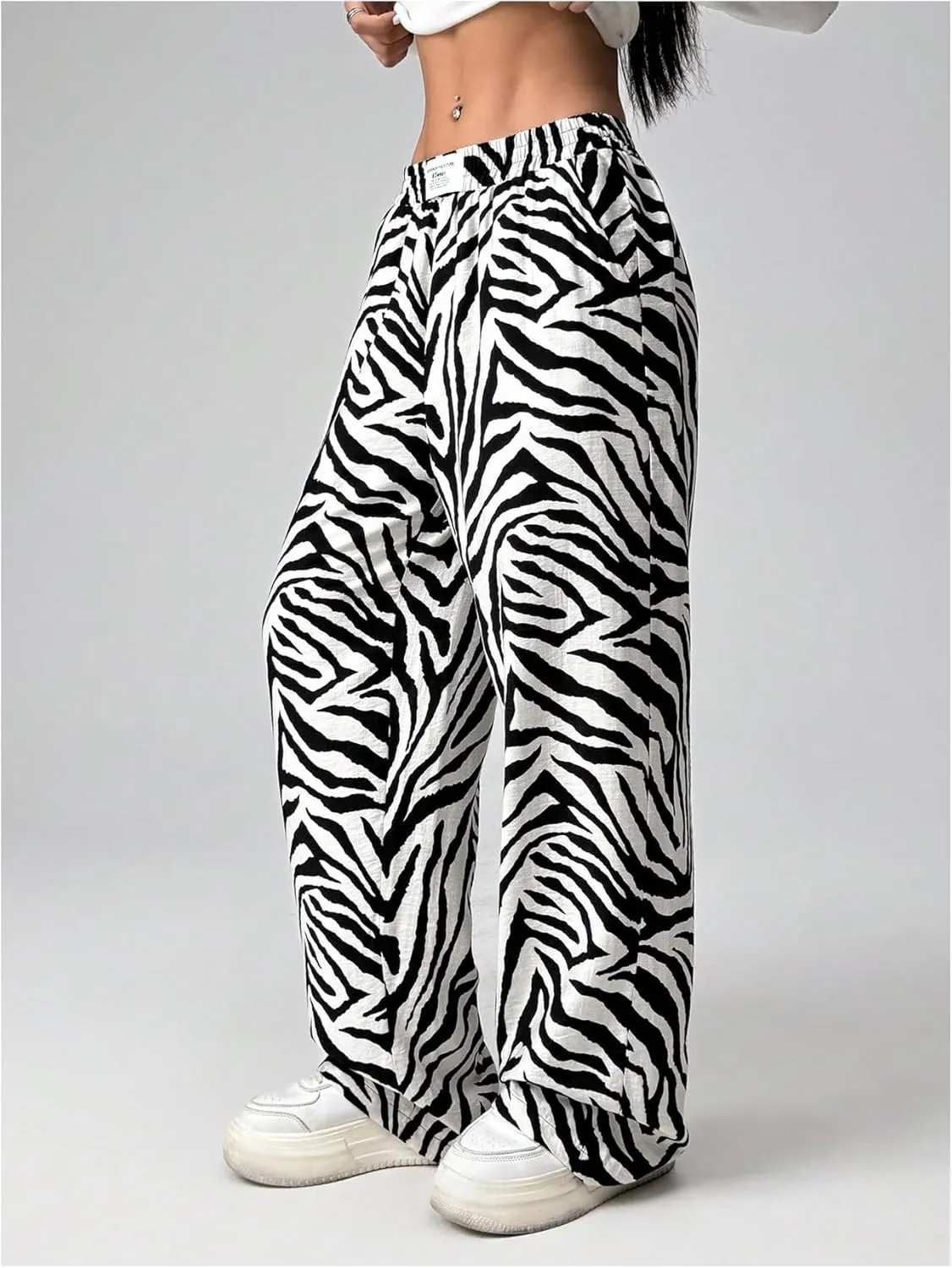 Women's Letter Leopard Print Straight Leg Pants Elastic Waist Y2K Trousers Bottoms with Pockets