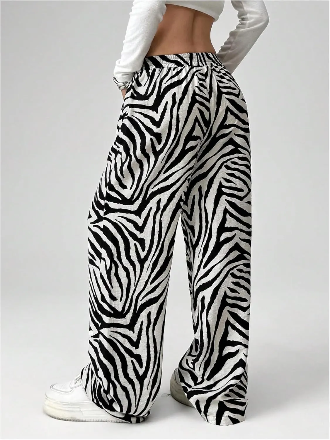 Women's Letter Leopard Print Straight Leg Pants Elastic Waist Y2K Trousers Bottoms with Pockets