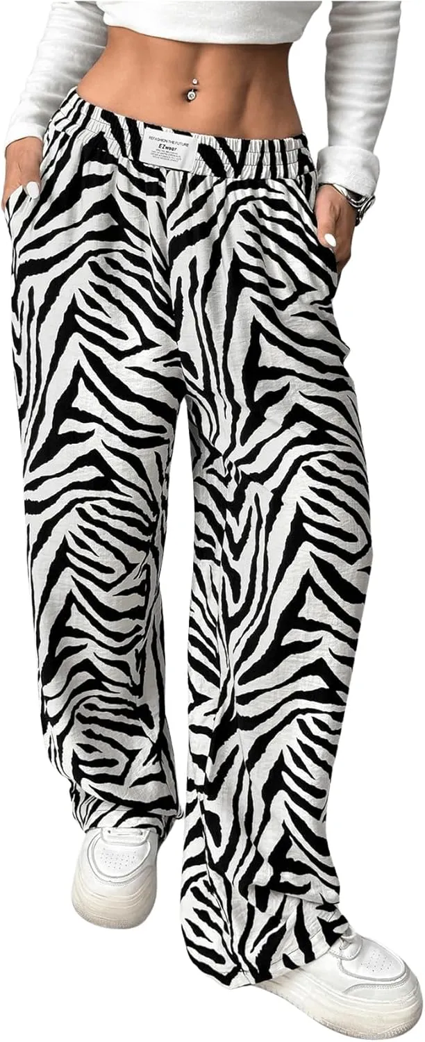 Women's Letter Leopard Print Straight Leg Pants Elastic Waist Y2K Trousers Bottoms with Pockets