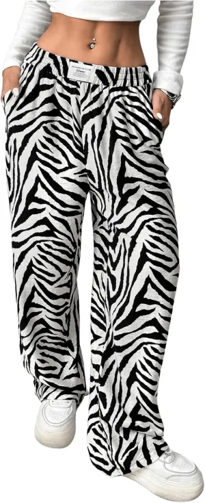 Women's Letter Leopard Print Straight Leg Pants Elastic Waist Y2K Trousers Bottoms with Pockets