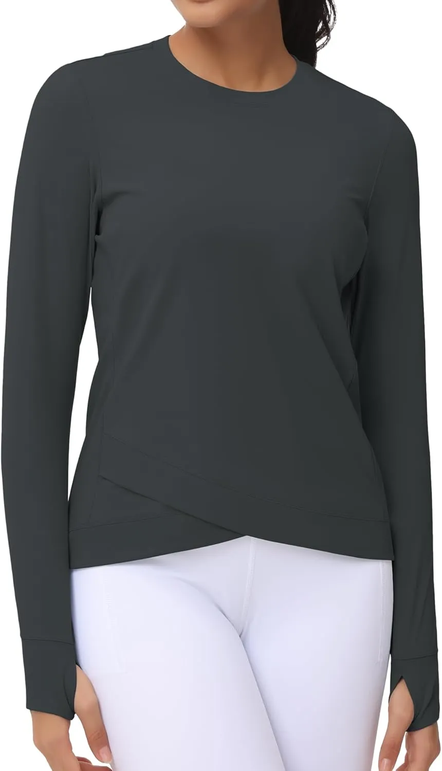 Women's Long Sleeve Compression Shirts Workout Tops Cross Hem Athletic Running Yoga T-Shirts with Thumb Hole