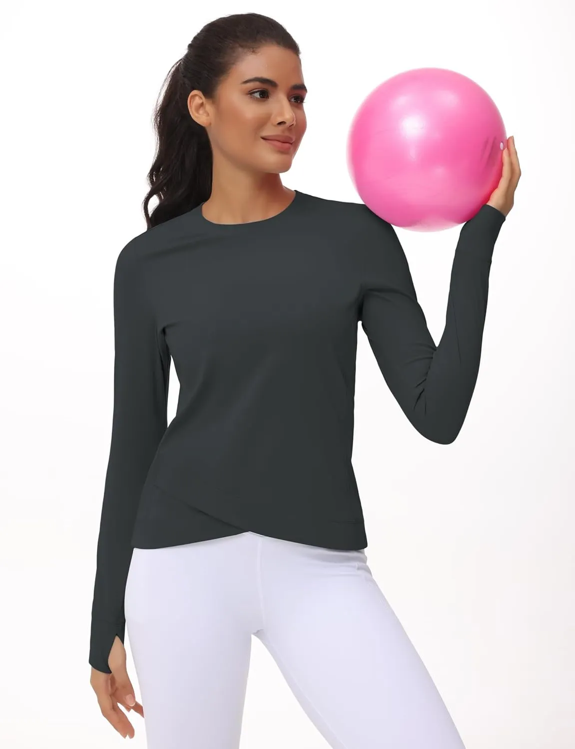 Women's Long Sleeve Compression Shirts Workout Tops Cross Hem Athletic Running Yoga T-Shirts with Thumb Hole