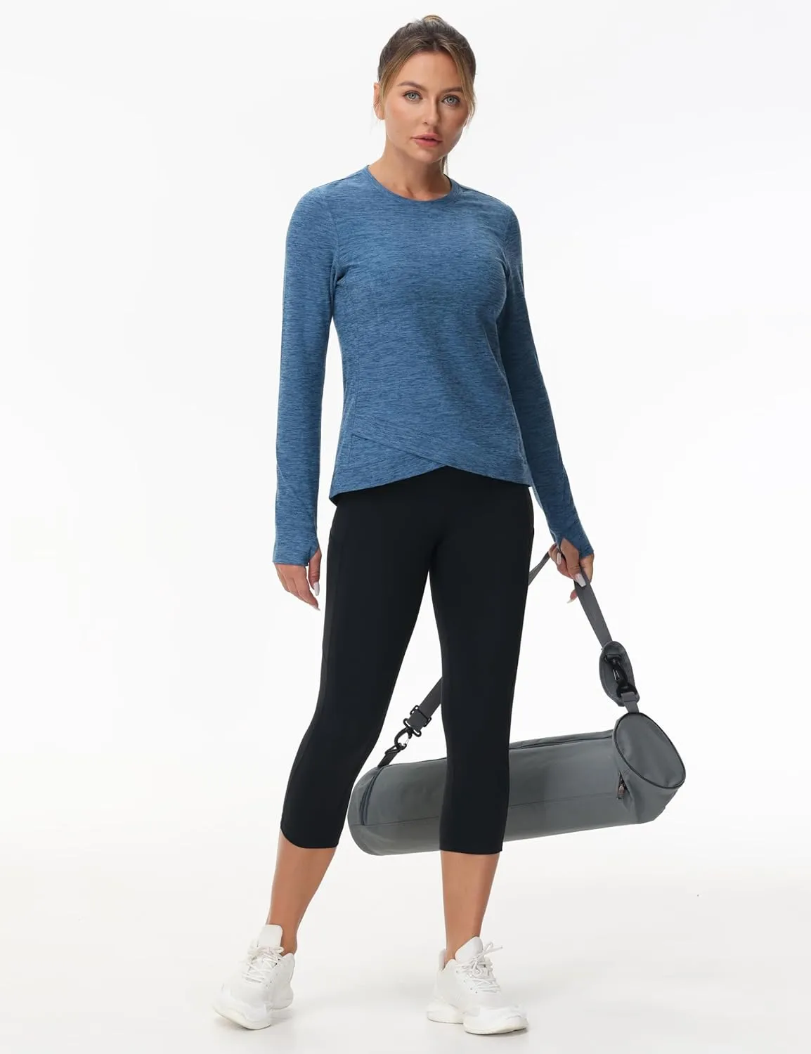 Women's Long Sleeve Compression Shirts Workout Tops Cross Hem Athletic Running Yoga T-Shirts with Thumb Hole