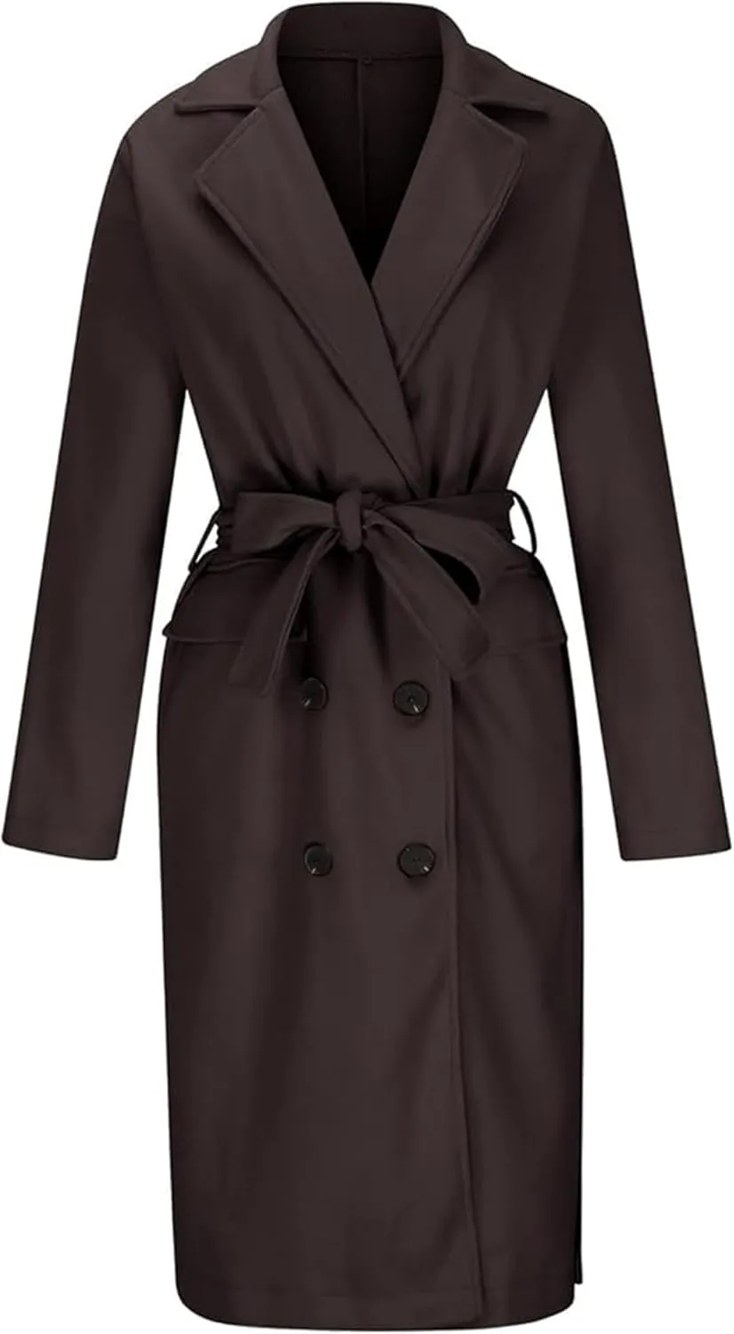 Women's Long Trench Coat,Oversized Double Breasted Lapel Overcoat,Fall Winter Warm Casual Outerwear with Belt