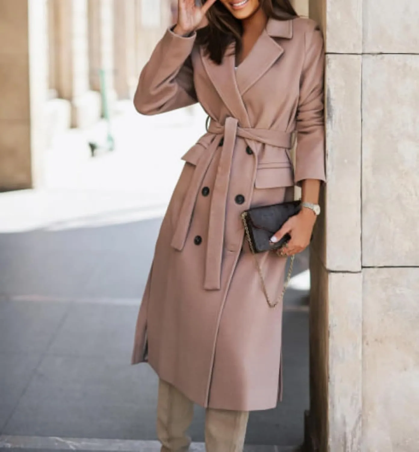Women's Long Trench Coat,Oversized Double Breasted Lapel Overcoat,Fall Winter Warm Casual Outerwear with Belt