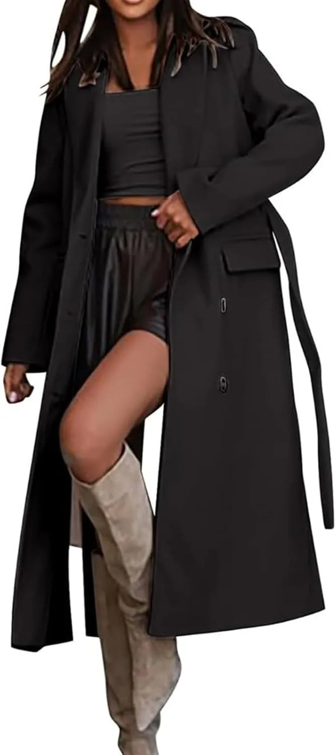 Women's Long Trench Coat,Oversized Double Breasted Lapel Overcoat,Fall Winter Warm Casual Outerwear with Belt