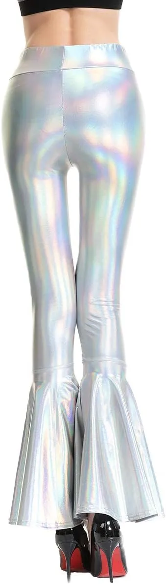 Womens Metallic Wide Leg Pants Mermaid Wet Look Bell Bottoms Slim Fitted High Waist Stretchy Flared Trousers