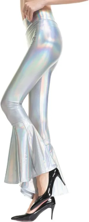 Womens Metallic Wide Leg Pants Mermaid Wet Look Bell Bottoms Slim Fitted High Waist Stretchy Flared Trousers
