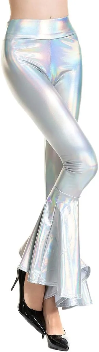 Womens Metallic Wide Leg Pants Mermaid Wet Look Bell Bottoms Slim Fitted High Waist Stretchy Flared Trousers