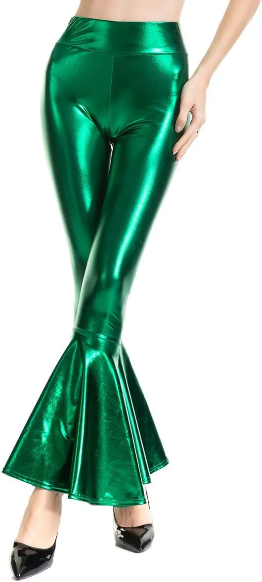 Womens Metallic Wide Leg Pants Mermaid Wet Look Bell Bottoms Slim Fitted High Waist Stretchy Flared Trousers