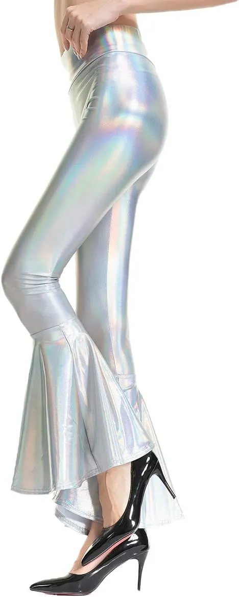 Womens Metallic Wide Leg Pants Mermaid Wet Look Bell Bottoms Slim Fitted High Waist Stretchy Flared Trousers